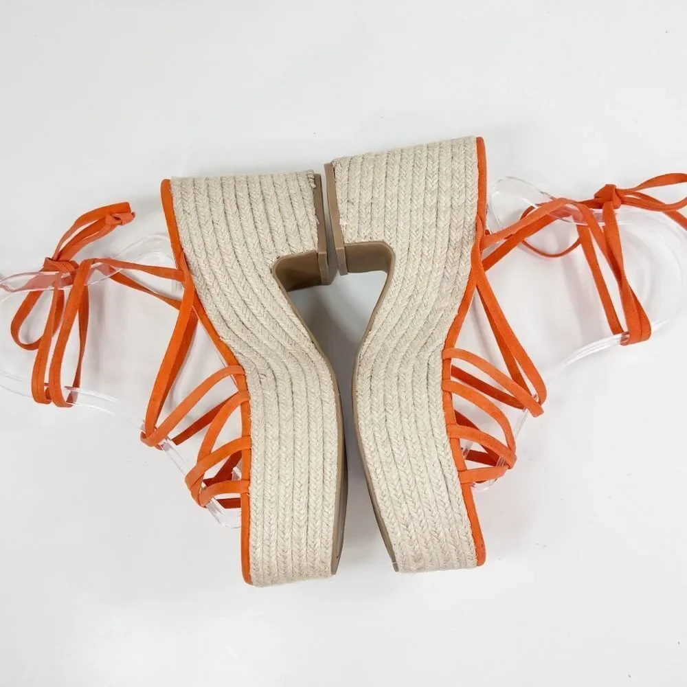 Nine West Riplee Platform Espadrille Ankle Wrap Strappy Sandals Orange‎ 8.5